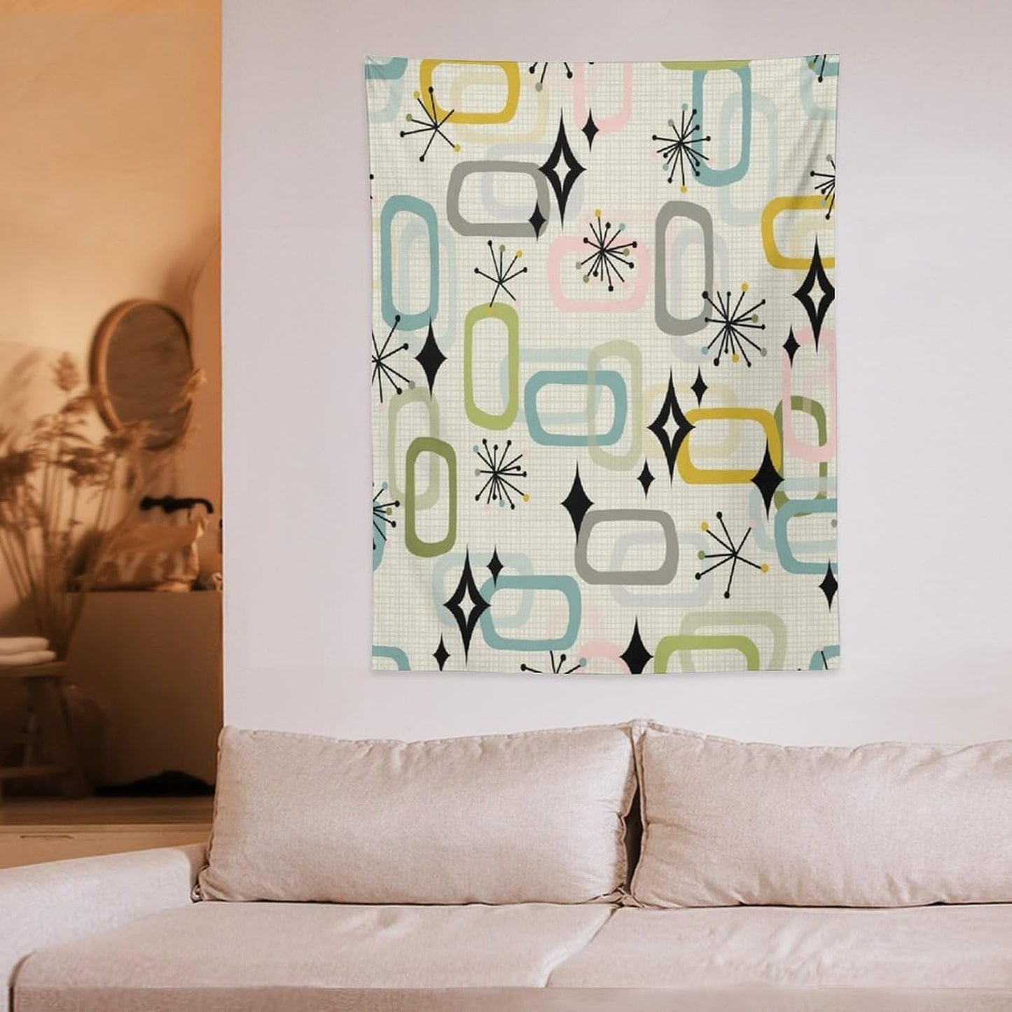 ICMOLYYENLO Boho Medieval Cat Tapestry, Abstract Atomic Starburst Geometric Aesthetic Art Wall Hanging For Bedroom Living Room Dormitory 60x60 Inches