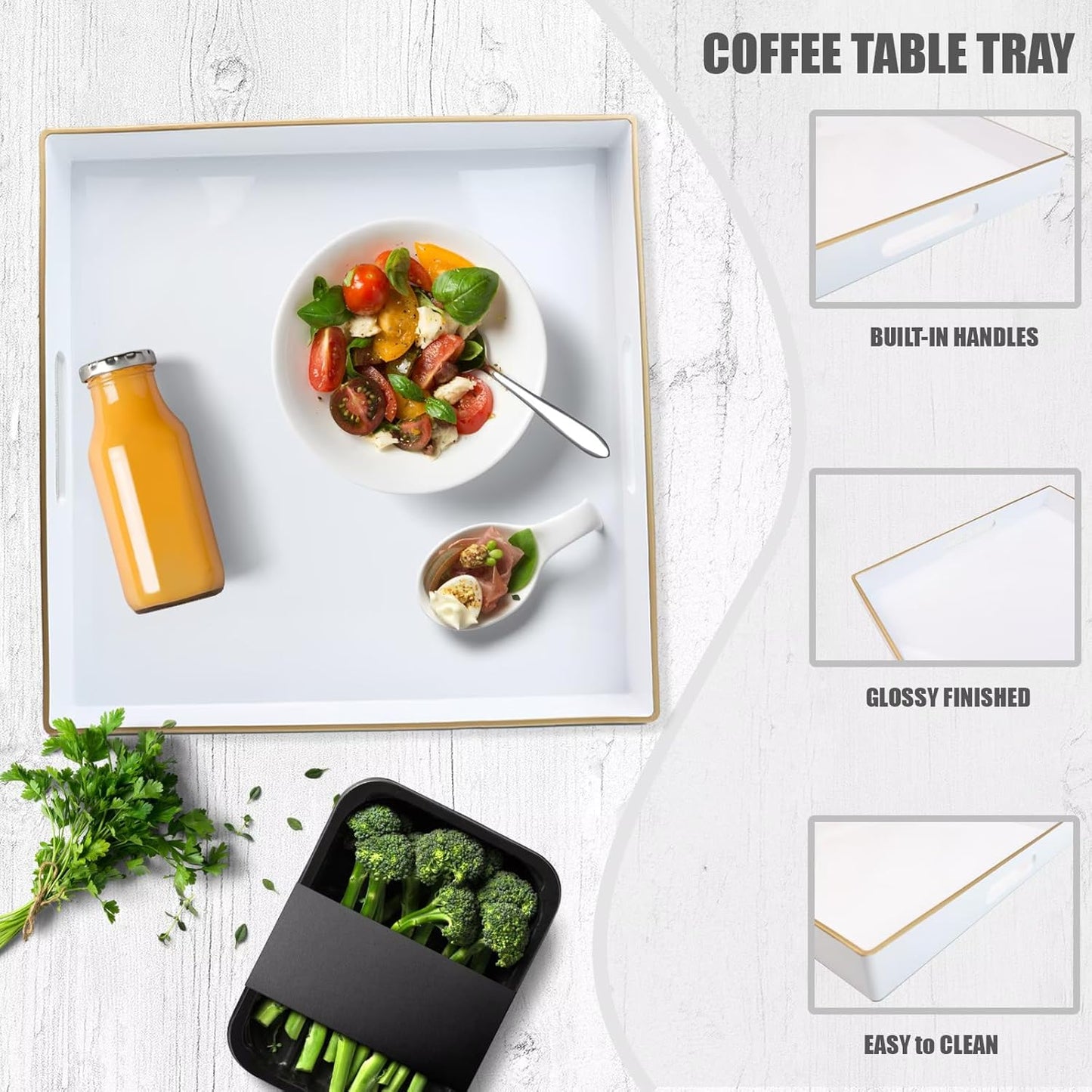 Spsyrine Decorative Tray, 13" Plastic Square Coffee Table Tray with Handles for Living Room, Ottoman, Bathroom Decor