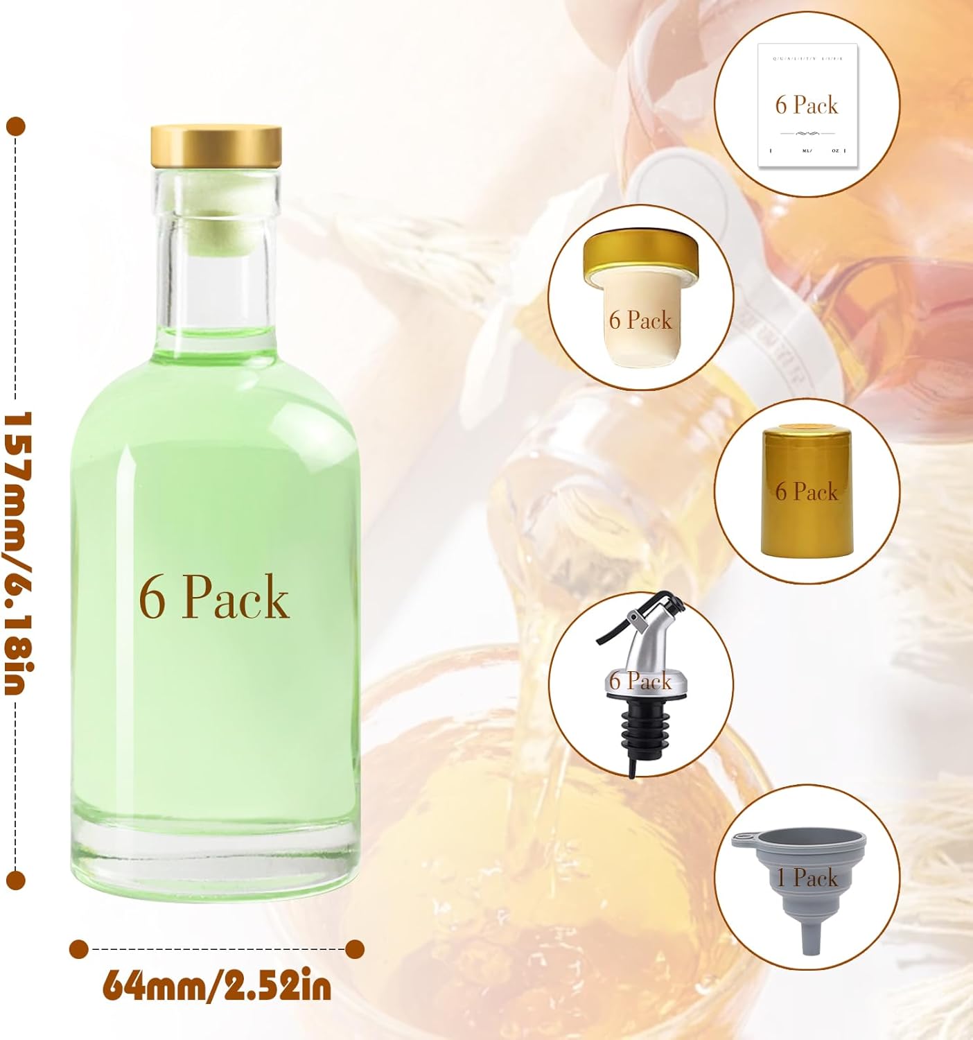 Olive Oil Dispenser Bottle for Kitchen, Clear Glass Oil and Vinegar Dispenser Set, Coffee Syrup Dispenser, Container With Metal Pour Spout, Airtight Lid, Funnel, Waterproof Labels (200ml-6 Pack)