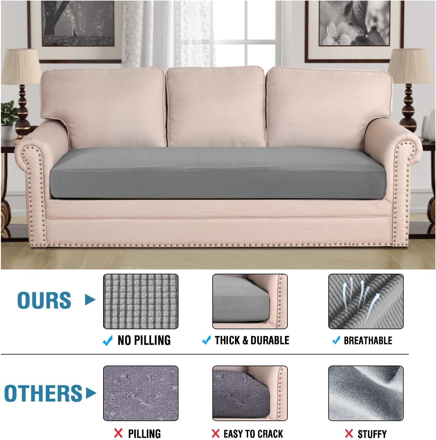 H.VERSAILTEX Super Stretch Individual Seat Cushion Covers Sofa Covers Couch Cushion Covers Slipcover Sets Thick Jacquard Textured Twill Fabric (1 Piece Sofa Cushion Cover, Dove)