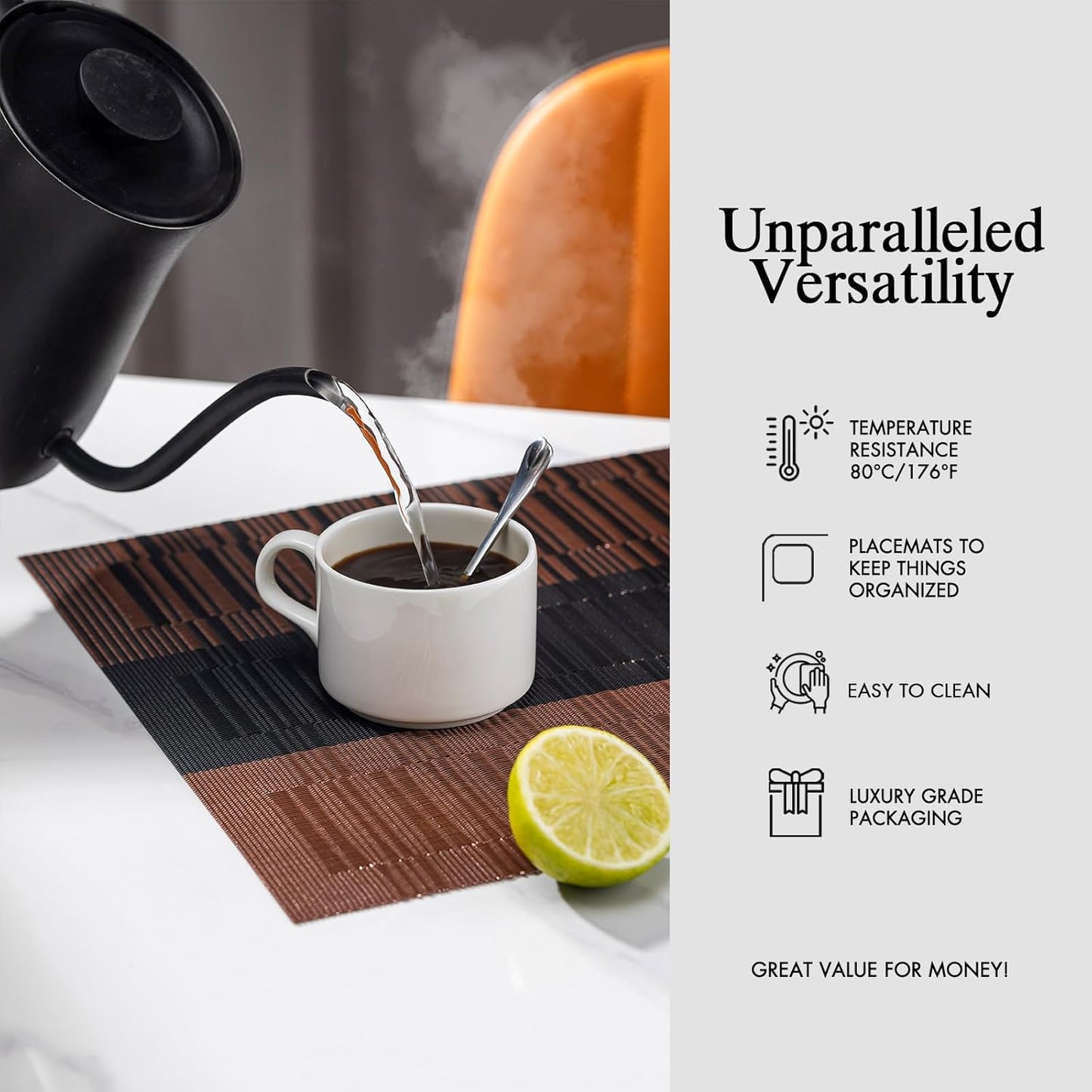 Placemats Set of 12 - Easy Clean Woven Vinyl Placemats for Dining Table, Indoor/Outdoor Place Mats, Washable PVC Table Mats （Ombre Brown Black）