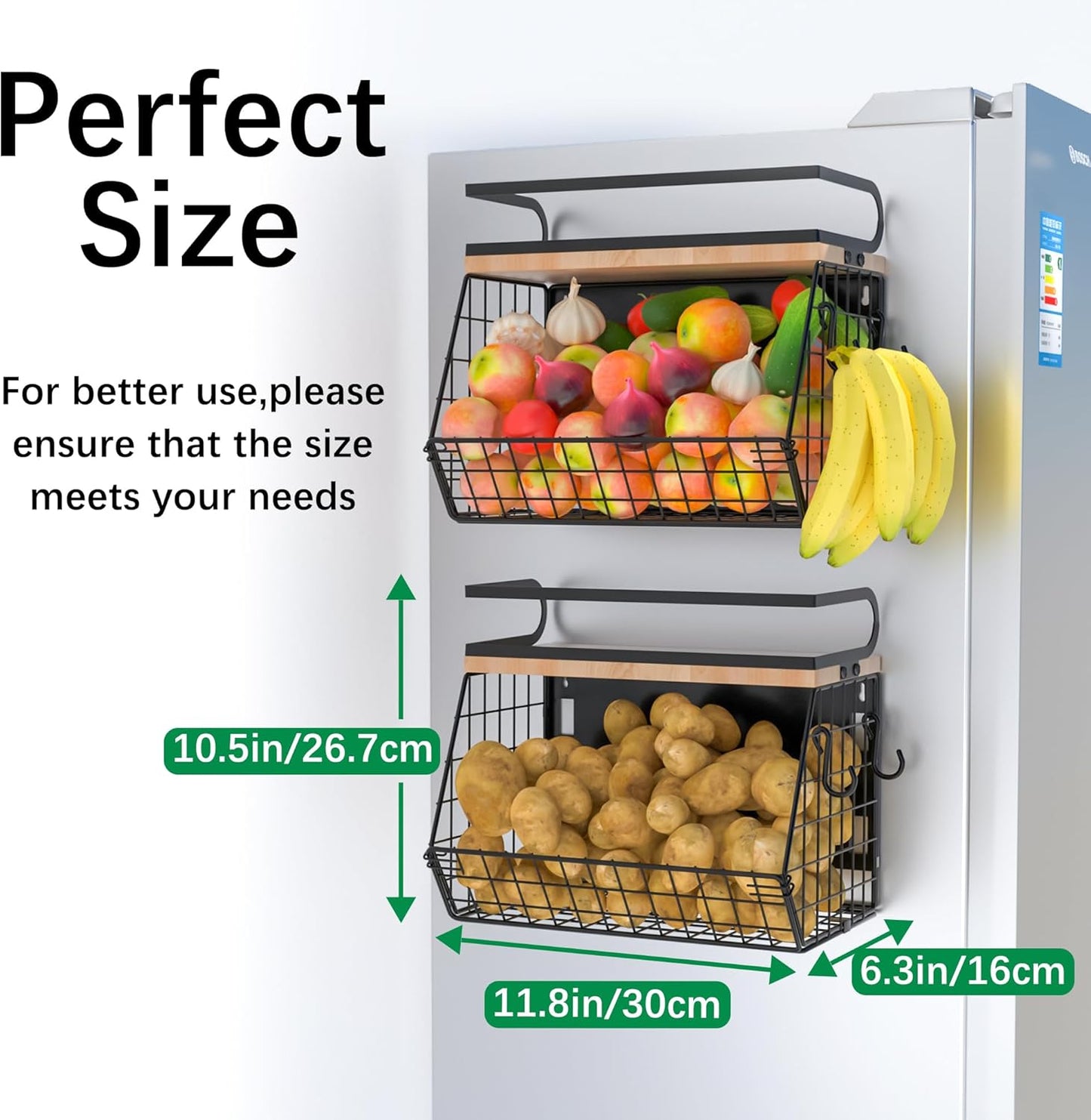 Magnetic Spice Rack for Refrigerator, Fruit, Potato & Onion Storage Bin,Large Capacity Magnetic Shelves for Side of Refrigerator, Kitchen Organizers and Storage Countertop,1 Pack Black