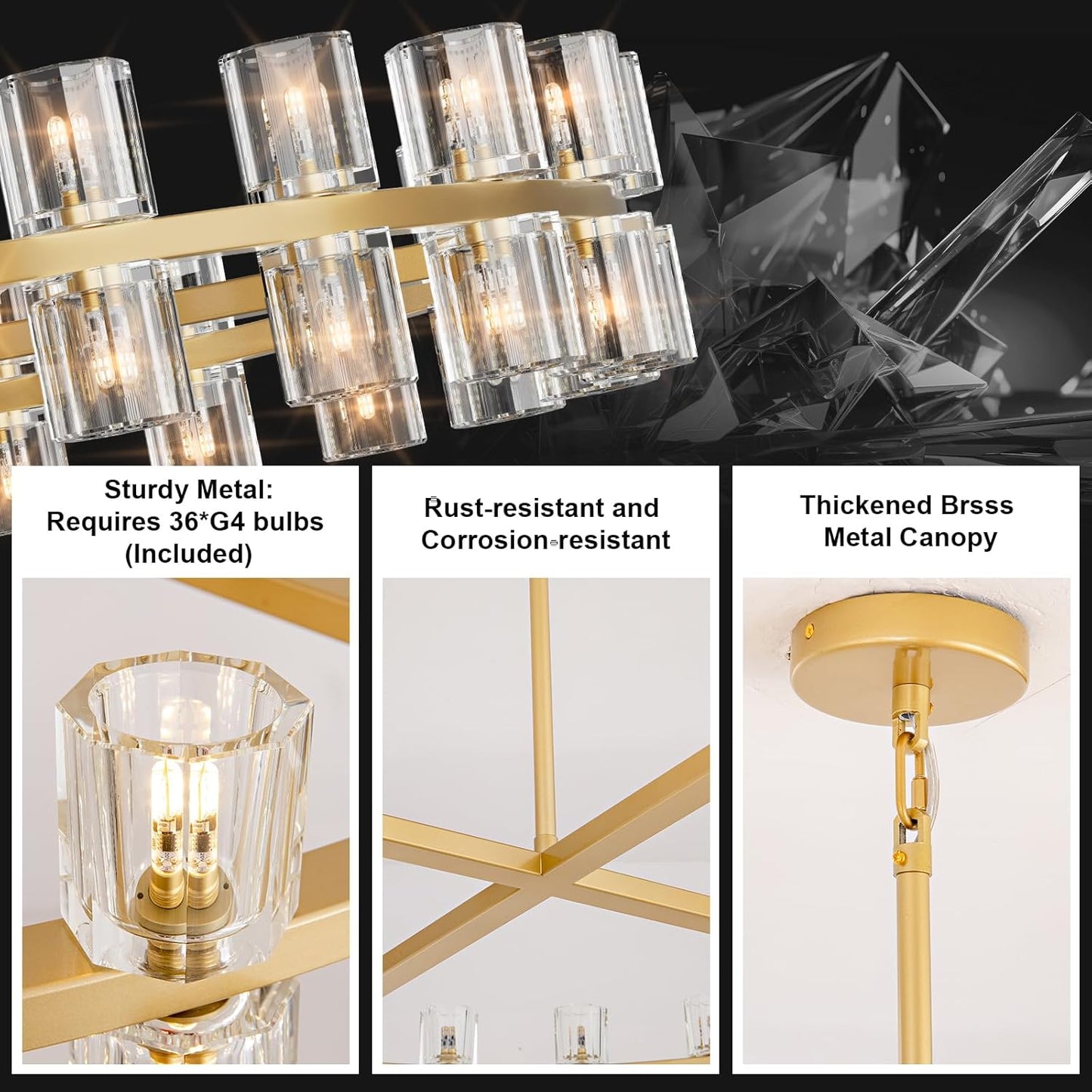 Modern 36" Gold Round Chandelier Light Fixture, K9 Crystal Chandeliers for Dining Room, Living Room, Dining Room Chandeliers Over Table, Chandelier for Bedroom, Foyer, Includes 36XG4 Bulbs