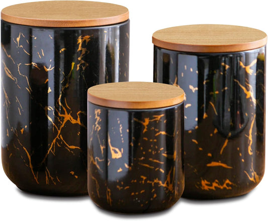 Black Ceramic Canister Set with Wooden Lid, 3-Piece Food Storage Jars for Kitchen Counter, Storage Container for Sugar, Coffee, Tea, Spice