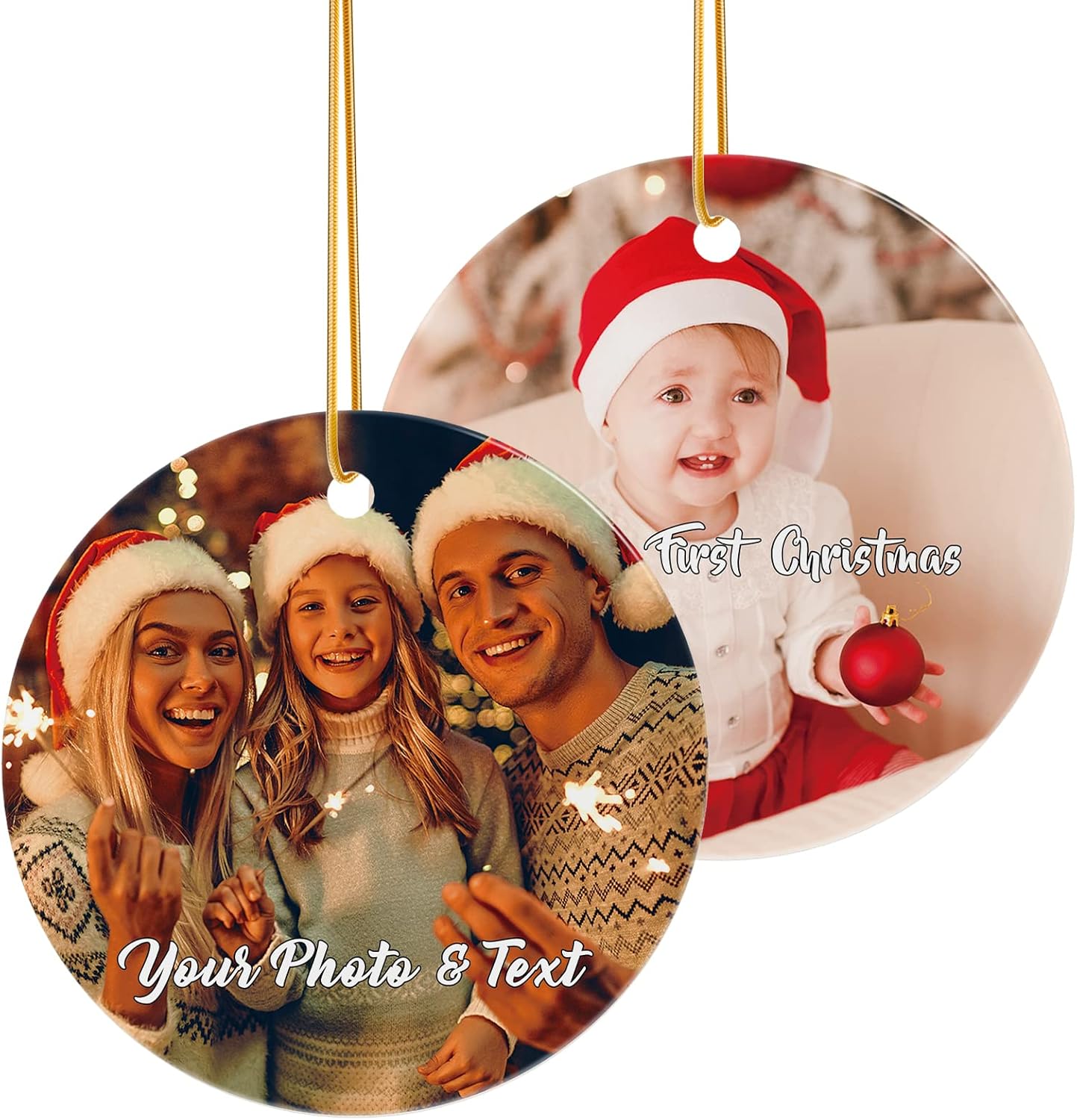 Personalized Christmas Ornaments 2 Pack - Custom Picture & Text Ornaments for Christmas 2022, Customized Ceramic Xmas Tree Decor for Kids, Mom, Dad, Friends, Loves by Bemaystar