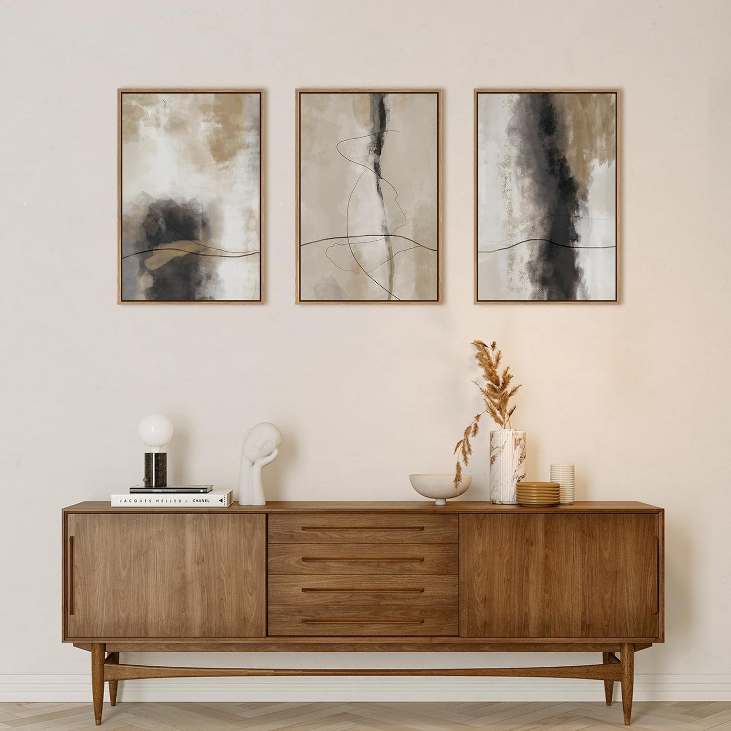 HPINUB Large Modern Abstract Framed Canvas Wall Art Set,Geometric Line Black White and Beige Textured Wall decor Neutral Gray Minimalist Art Print for Living Room,Bedroom,Dining Room,Office -16"x24"x3