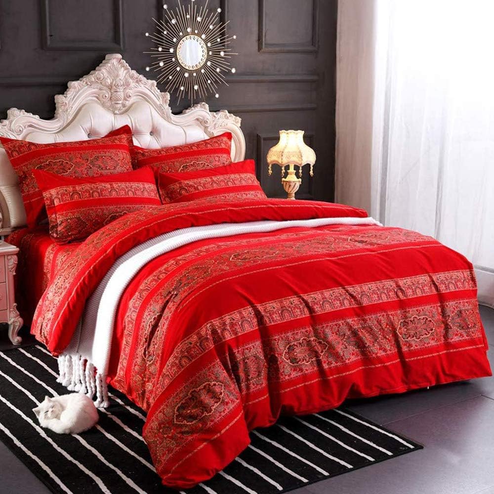 ABREEZE King Duvet Covers, Bohemian Retro Bedding Set, Coloful Mandala Down Comforter Cover, Boho Floral Style Quilt Cover, 100% Brushed Cotton, 1 Duvet Cover and 2 Pillow Shams,Red