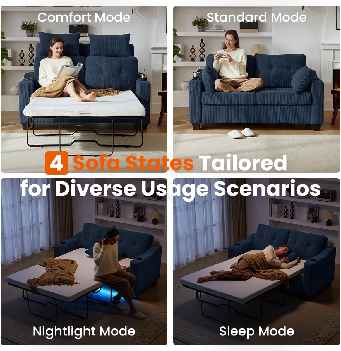 Pull Out Sofa Bed, Full Size Sleeper Sofa, 2-in-1 Convertible Corduroy Couch with USB Charging, Memory Form Couch for Living Room, Apartment and Small Space (Navy Blue, Corduroy - Full Size)