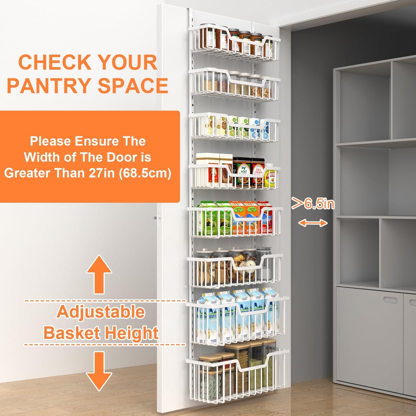 Over The Door Pantry Organizer, 8-Tier Pantry Door Organizer Shelves | 3 Sizes | Adjustable Basket | Metal Hanging Spice Rack for Kitchen, Pantry, Cabinet, Back of Door Seasoning Rack, White