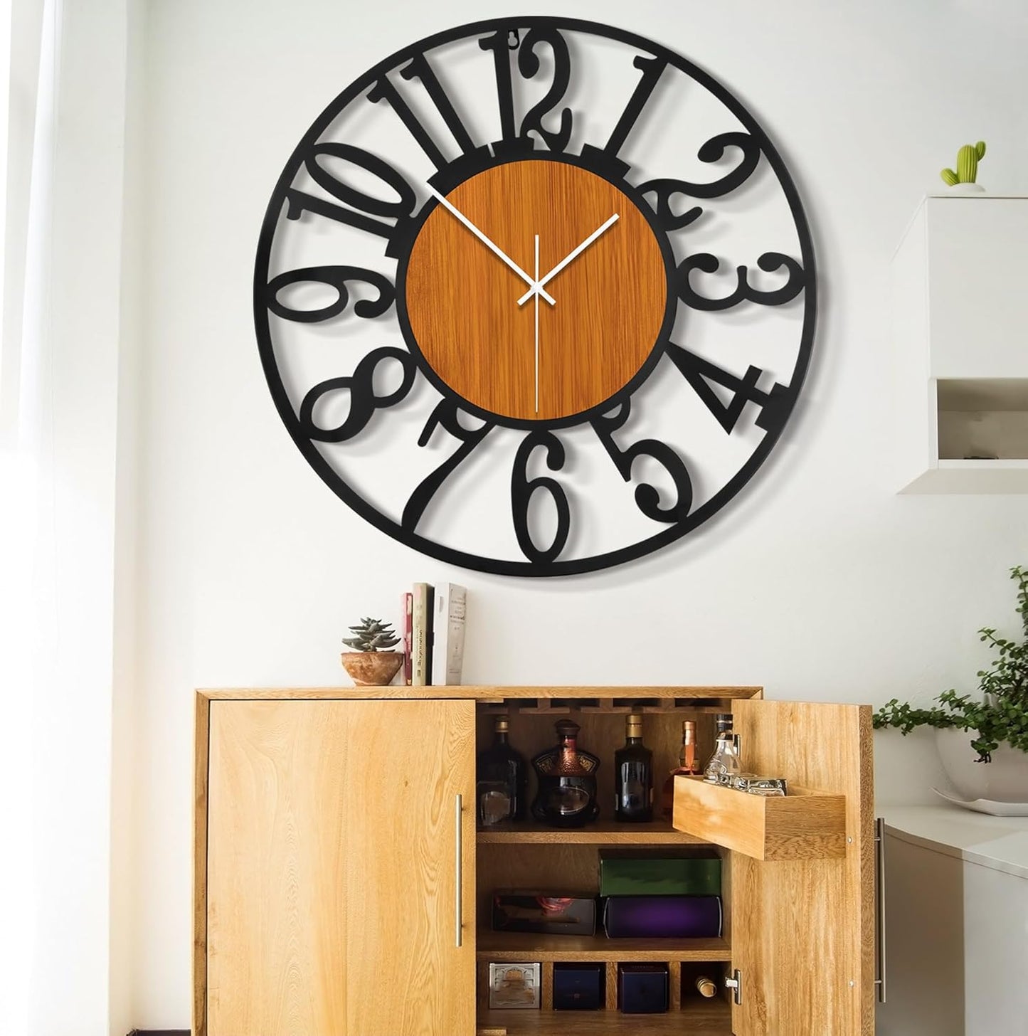 LEIKE 32" Oversized Large Wall Clocks,Silent,Non Ticking,Battery Operated Modern Round Big Wood Decorative Metal Wall Clock for Living Room, Bedroom,Kitchen,Farmhouse,Office Decor - Black,32 Inch