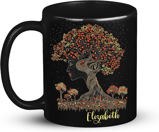Custom Name Coffee Mug 11oz 15oz, Unique Nature Inspired Coffee Cup for Women, Personalized Vibrant Nature Themed Black Cup, Artistic Tree Ceramic Mug, Gifts for Women's Day