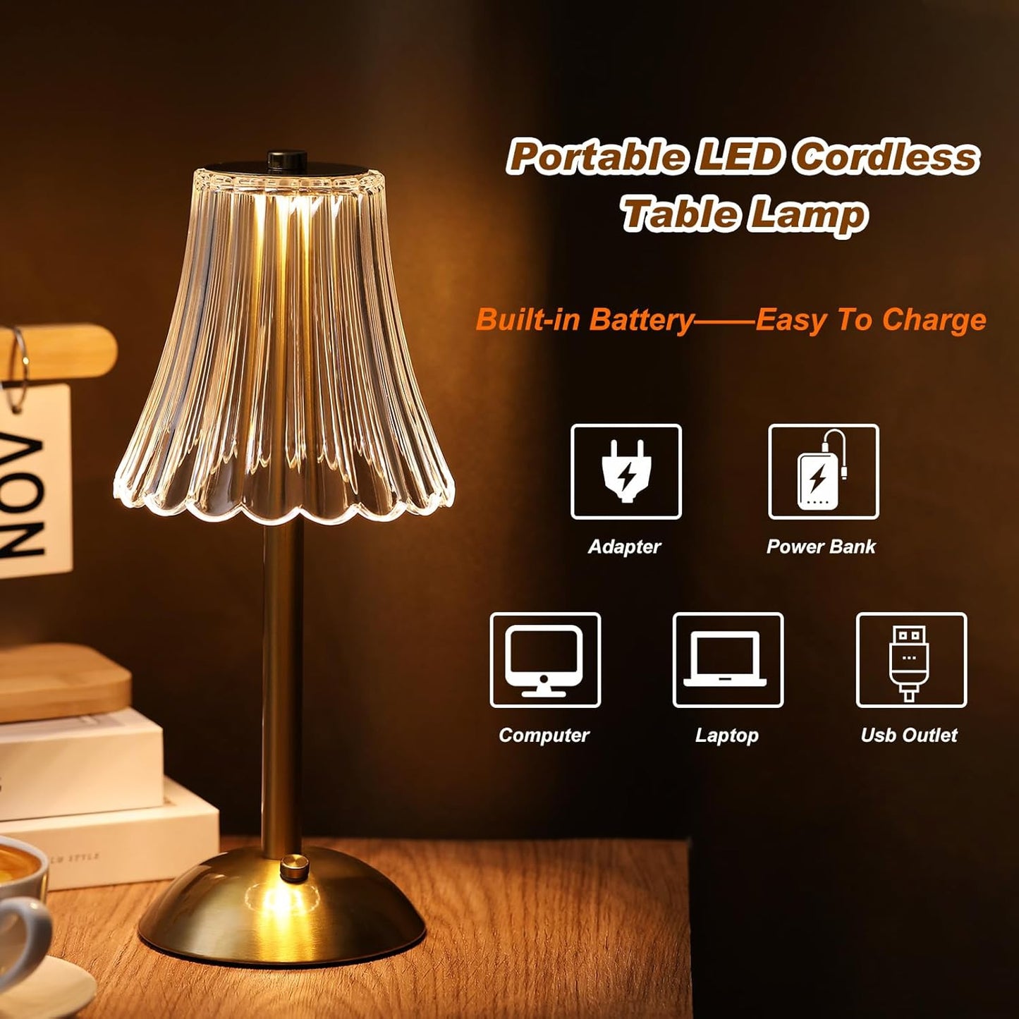 Liliful 4 Pcs LED Portable Cordless Table Lamp Touch Battery Operated Rechargeable Desk Lamp 3 Color Dimmable for Bedroom Living Room Dining (Rose Style,Gold)