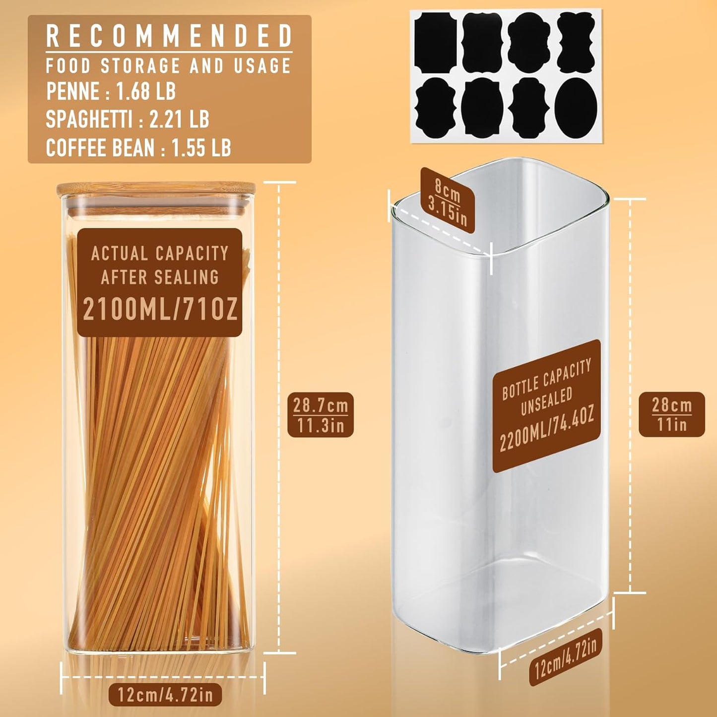 71oz Rectangle Airtight Glass Storage Containers with Bamboo Lids (Set of 3), Square Food Storage Jar, Pantry Organizers for Sugar, Flour, Spaghetti and Coffee beans (‎with Black Lable)