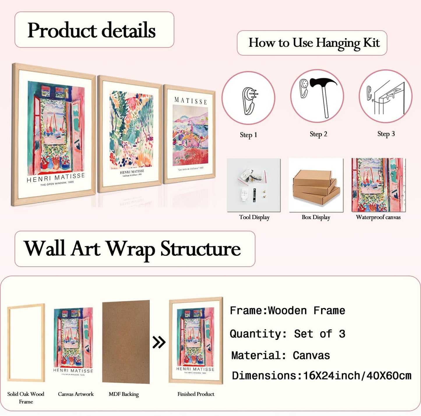 Wooden Framed Matisse Wall Art Set of 3 Abstract Henri Matisse Posters Vintage Flower Market Canvas Prints Open Window Painting Artwork Picture Aesthetic Room Decor for Bedroom Living Room 16x24in