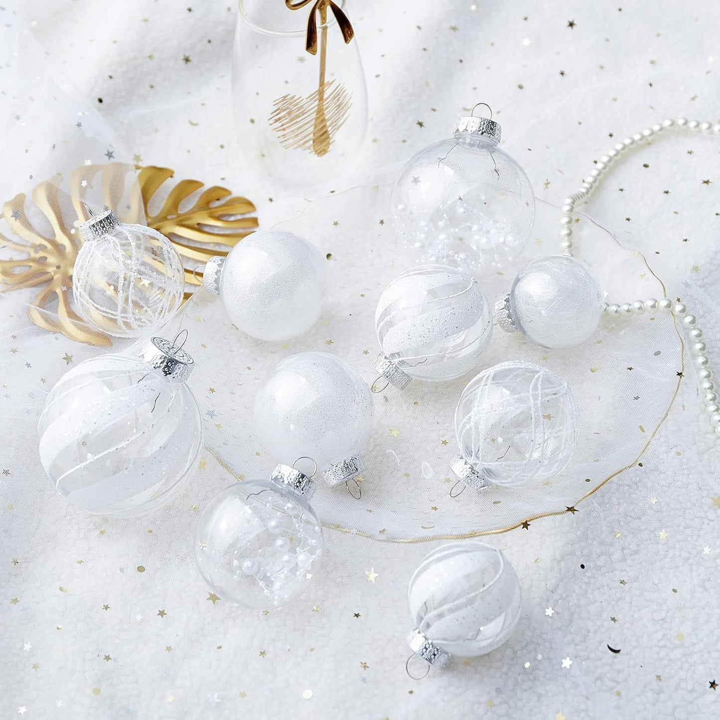 Clear Christmas Ball Ornaments,24ct Shatterproof Plastic Decorative Christmas Ornaments Hanging Xmas Tree Baubles Set with Stuffed Delicate Glittering Decorations for Holiday Party Home Decor(White)