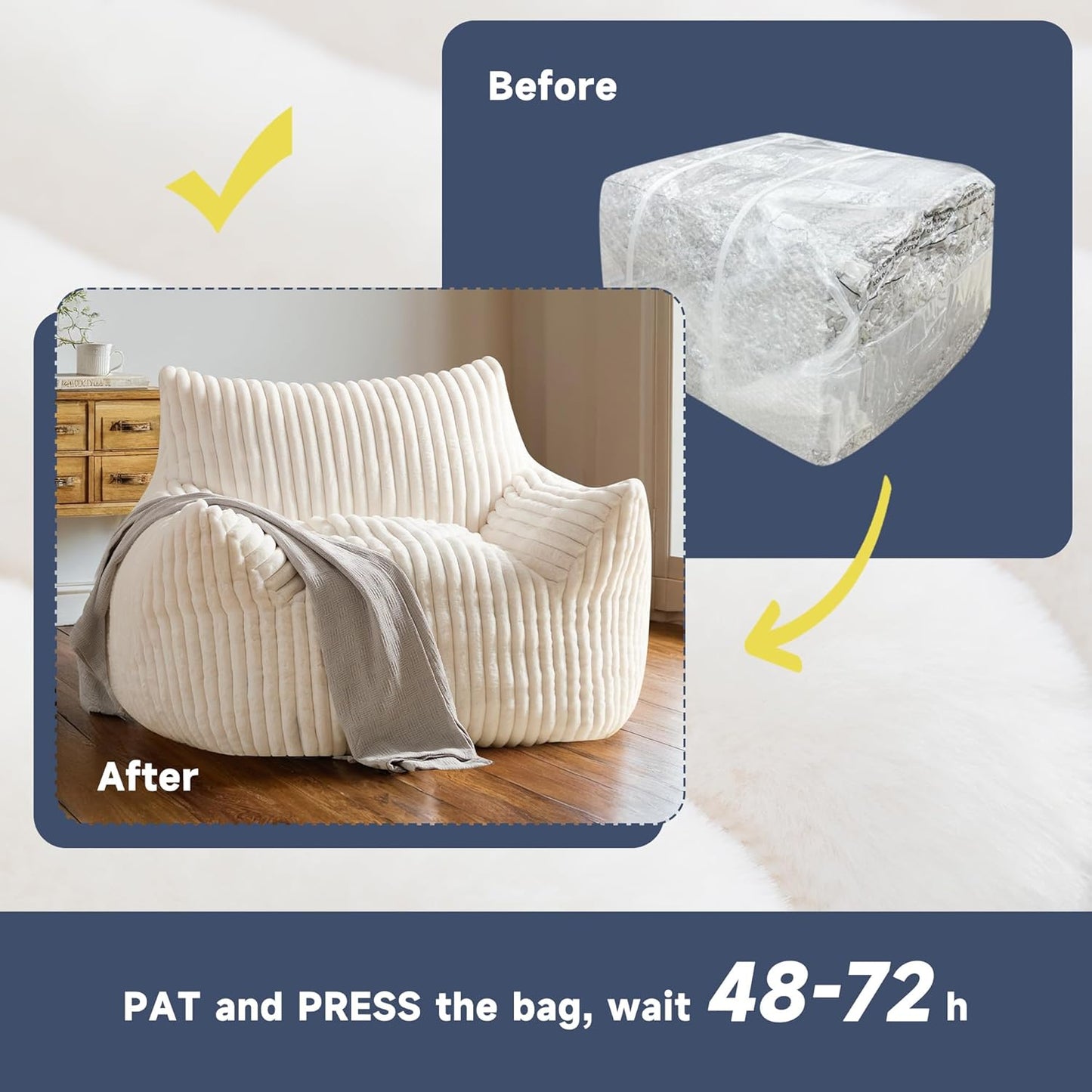 Oversized Bean Bag Chair for Adults, Giant Comfy Plush Boneless Bean Bag Couch with Filler for Kids - Reading Chair for Living Room, Bedroom & Dorm, Single Accent Chair Floor Lounger, Beige