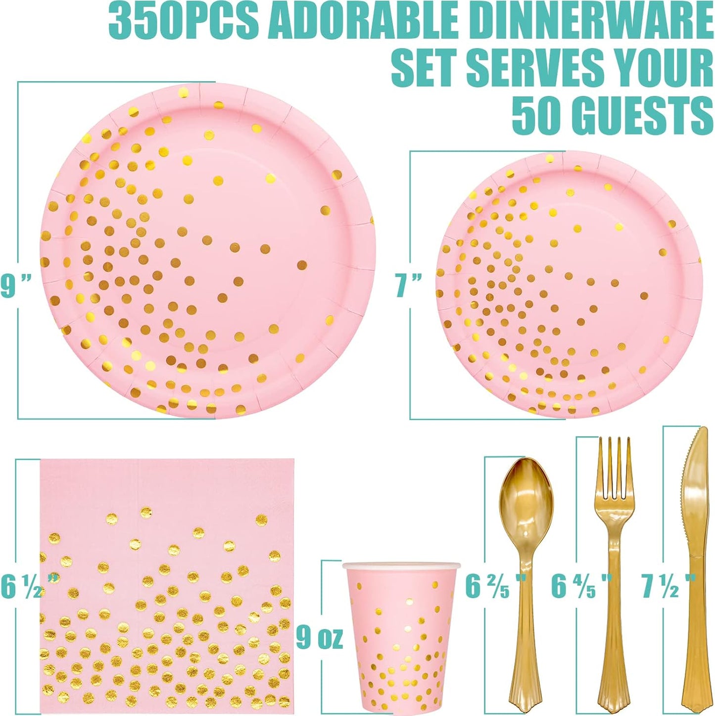 Tiblue Pink & Gold Party Supplies 350 PCS Disposable Dinnerware Set, Pink Paper Plates Napkins Cups, Gold Plastic Forks Knives Spoon for Graduation Birthday Baby Shower Wedding Bachelorette Engagement