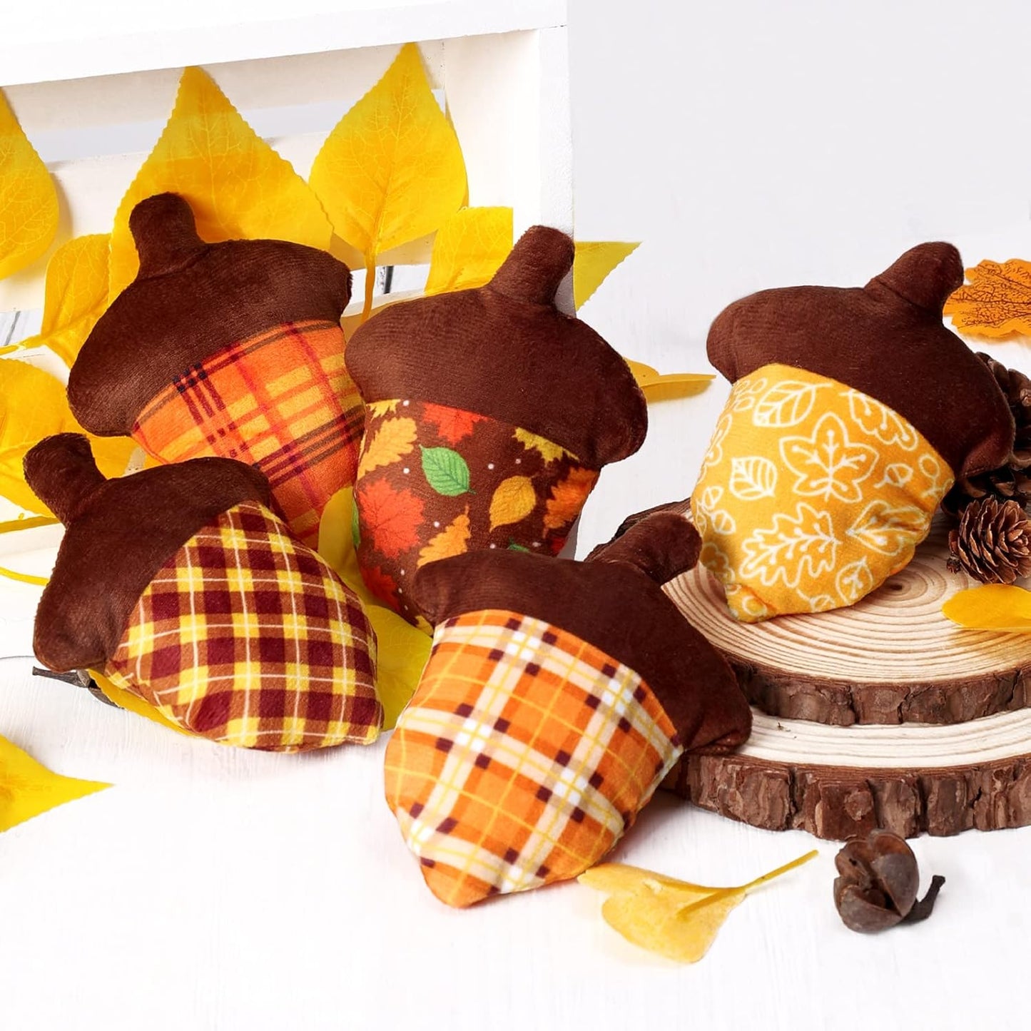 5PCS Fall Stuffed Acorns Plush Decorations 4.5'' x 3.5'' Autumn Fabric Acorn Decor, Bowl Basket Tray Fillers Dinner Table Centerpiece Harvest Thanksgiving Tree Hanging Ornament Fall Tiered Tray Decor