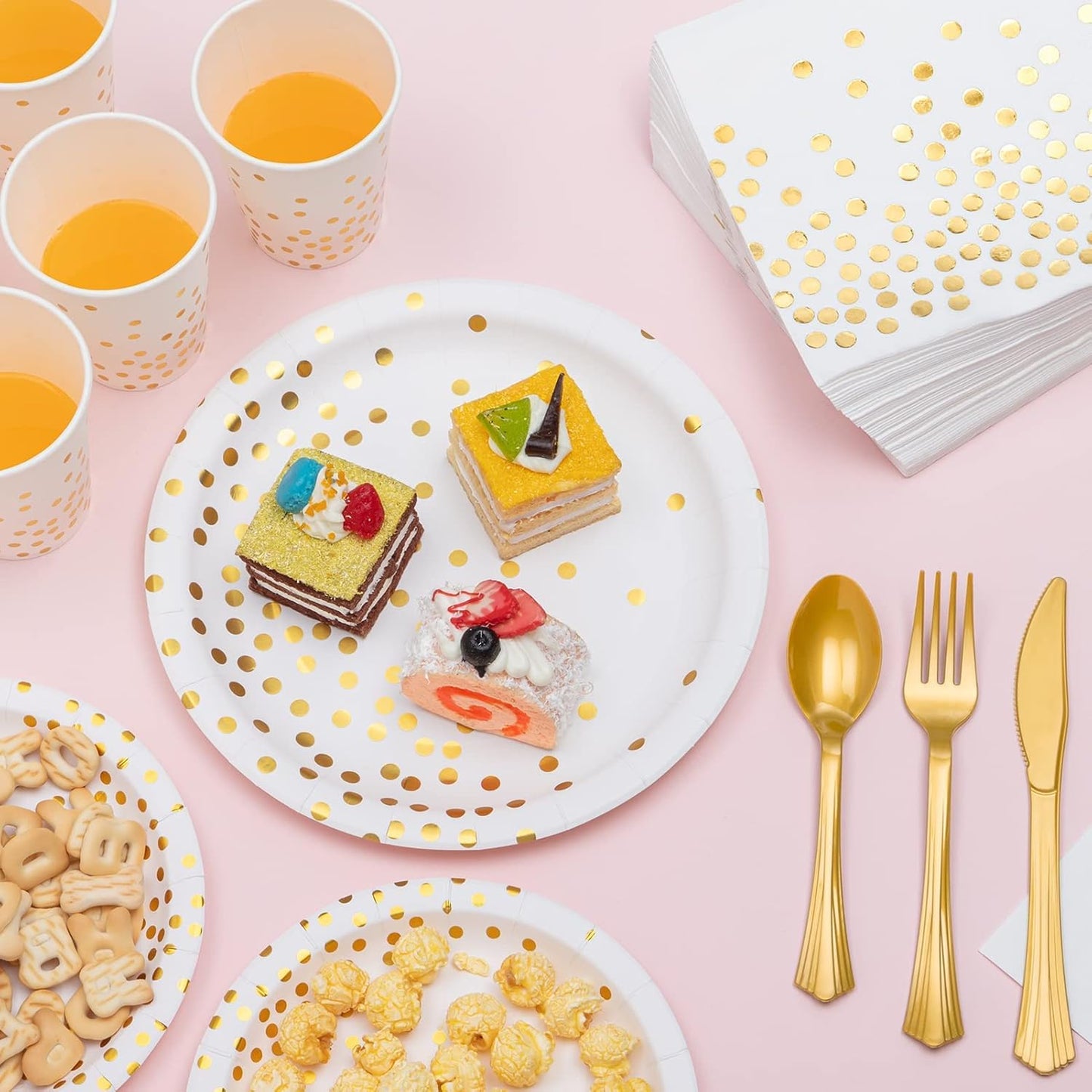 White and Gold Party Supplies, 350PCS Disposable Dinnerware Set w/White Paper Plates Napkin Cups Plastic Forks Knives Spoon for Women Men Birthday Christmas Retirement New Year Eve 2025 Decorations