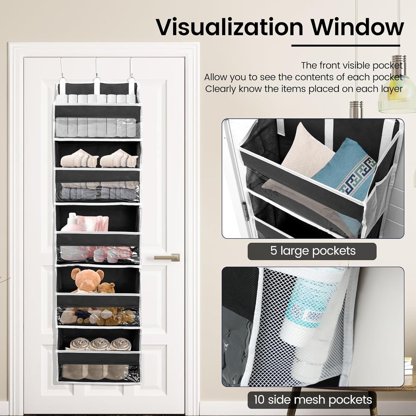 Over the Door Organizer with 5 Large Pockets and 10 Side Mesh Pockets Visible Closet Hanging Organizer Large Capacity Behind Door Storage Organizer for Home Office Bathroom Bedroom