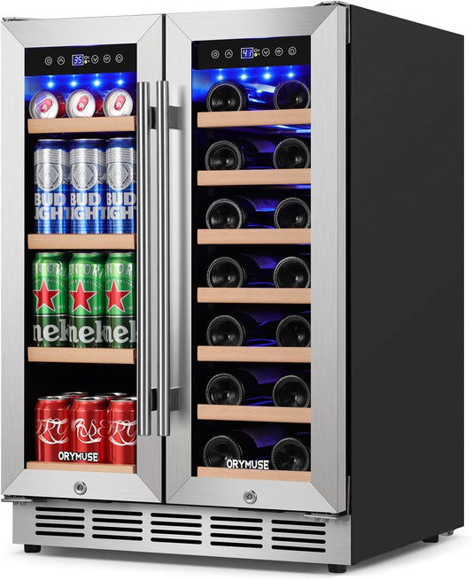 24 Inch Dual Zone Wine and Beverage Refrigerator, Built-in or Freestanding Cooler with French Doors, Drink Fridge with Upgraded Compressor for Beer, Wine, and Soda