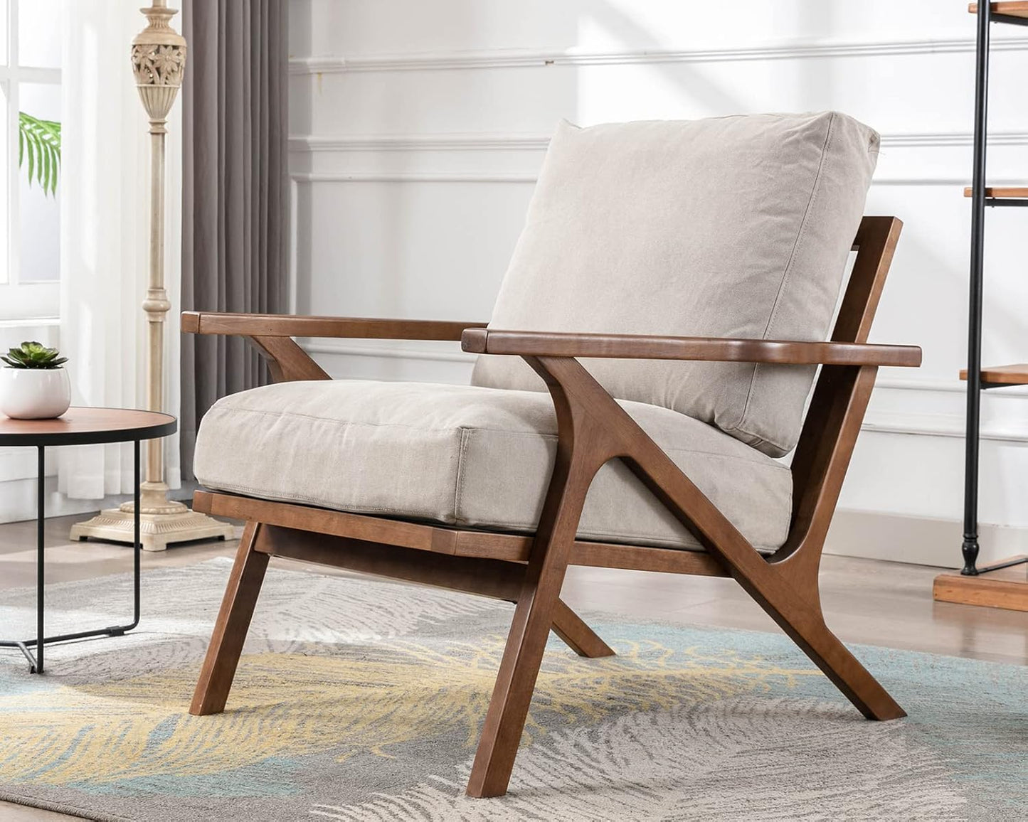 HNY Mid Century Chair, Faux Leather Upholstered Accent Armchair with Wood Frame and Canvas Cushions, Leisure Reading Chair Slipper Chair for Living Room, Bedroom, Beige