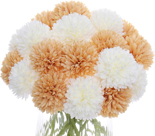 Kimura's Cabin 20Pcs Fake Mums Flowers Artificial Silk Chrysanthemum Faux Ball Flowers for Spring Wedding Arrangements Home Indoor Kitchen Table Centerpiece (White Champagne)
