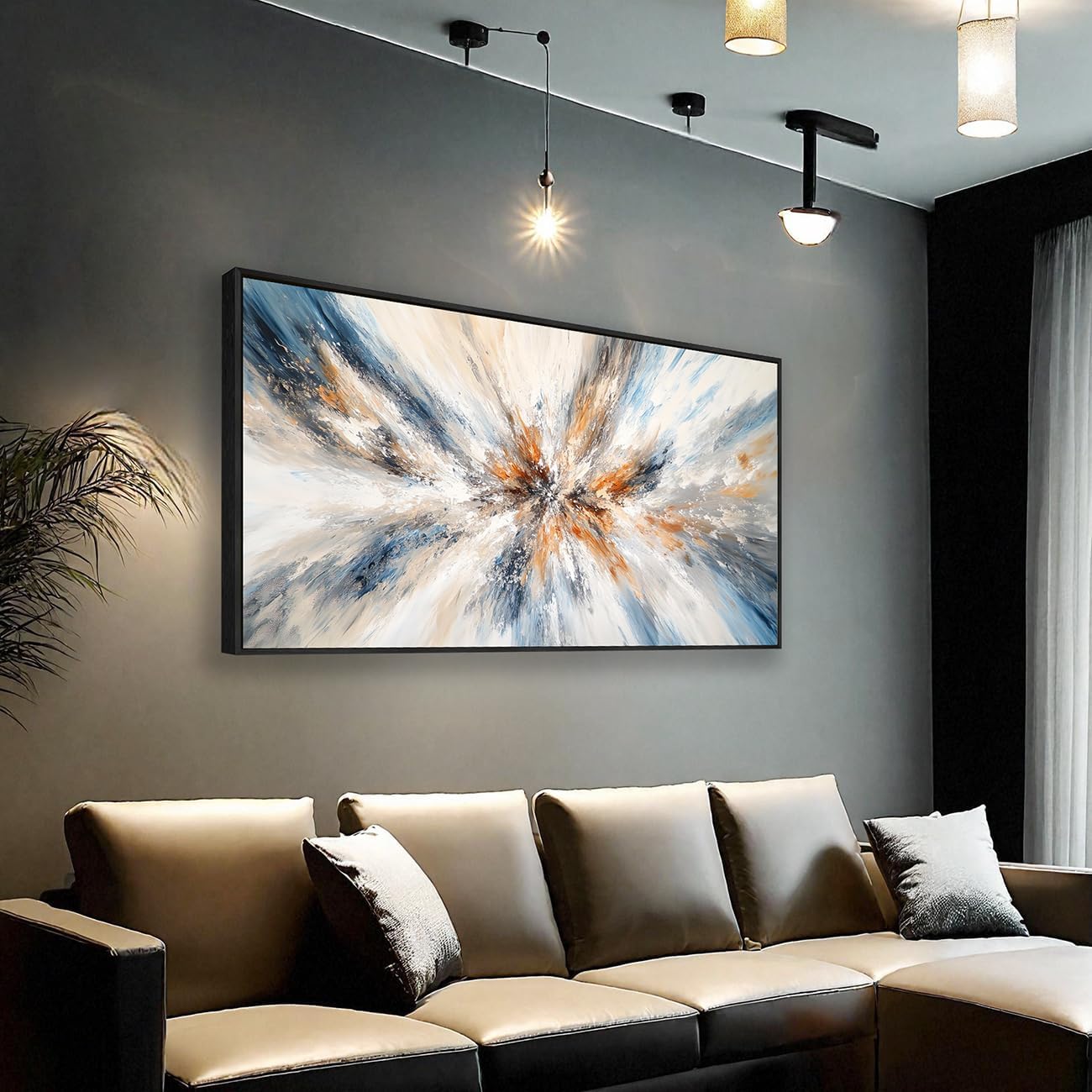 Abstract Painting Wall Art Large size Framed Canvas Prints 24" x 48" Blue and Orange Abstract Modern Minimalist Living Room Decor for Bedroom Office Wall Decor