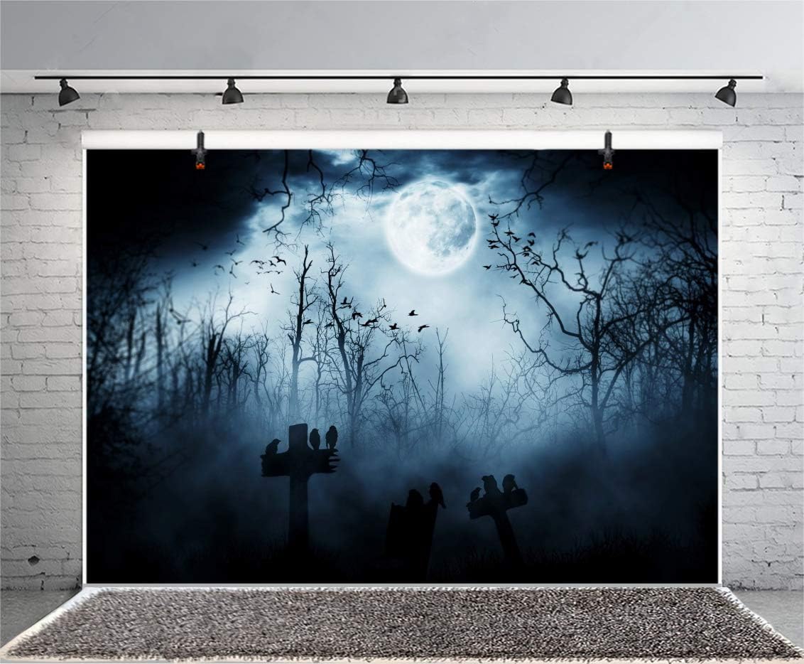 AOFOTO 5x3ft Moon Night Halloween Cemetery Photography Backdrop Flying Bats Birds Stand on Gravestone Cross Graveyard in Dark Forest Photo Background Cloth Vinyl Wallpaper Photo Studio Props