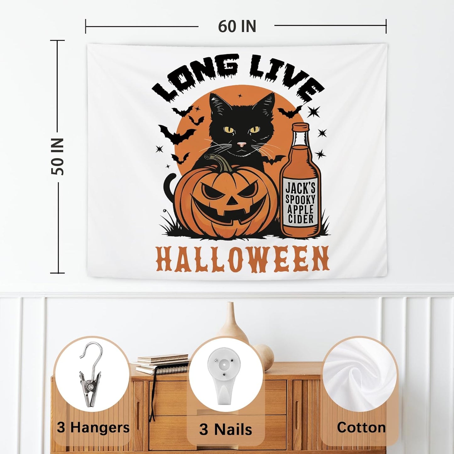 NATSUNO Halloween Tapestry, Long Live Halloween Wall Tapestry for Bedroom, Trendy Black Cat Pumpkin Apple Cider and Bats Tapestries Wall Hanging for Home Living Room Decor, 50x60 Inches
