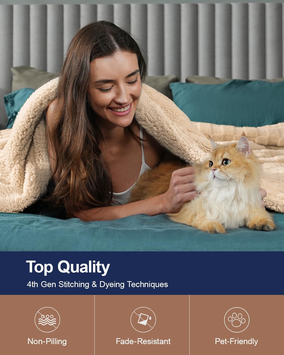 Pawque Super Soft Cozy Throw Blanket for Couch Sofa Bed - Fluffy Sherpa Fleece Reversible Thick Warm Fuzzy Blanket for All-Season, 3D Checkered Jacquard Elegant Decorative Blankets, Khaki, 50" x 60"