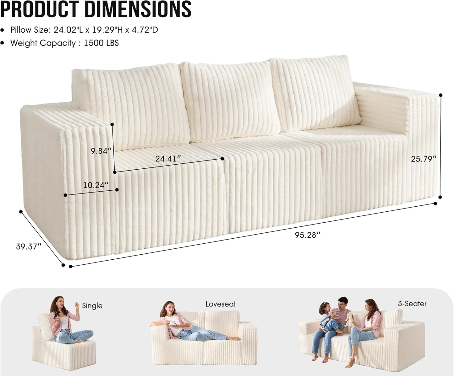 Modular Sectional Sofa 3-Seater Modular Couch with Deep Seat Memory Foam Cloud Chair with Pillows Oversized Sectional Sofa for Living Room Bedroom (Strip White, 3-Seater)