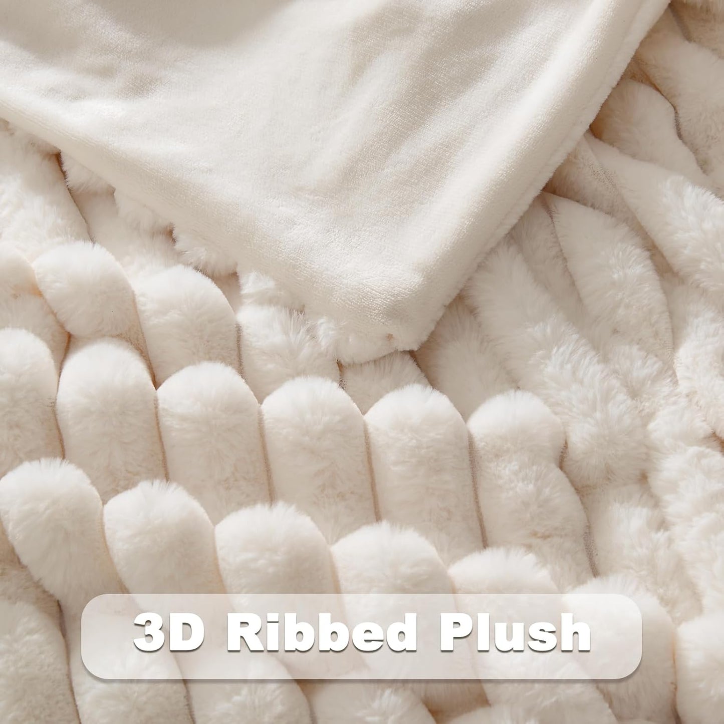 NEWCOSPLAY Faux Fur Twin Blanket Ivory 3D Ribbed Plush Thick Warm Blanket for Couch Sofa Bed 850GSM (Ivory Ribbed, Twin(60"x80"))