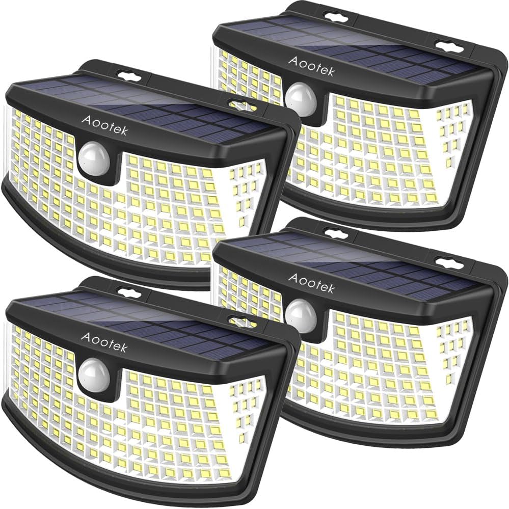 Aootek New Solar Motion Sensor Lights 120 LEDs with Lights Reflector,270° Wide Angle, IP65 Waterproof, Step Lights for Front Door, Yard, Garage, Deck (Back Button 4-Pack)