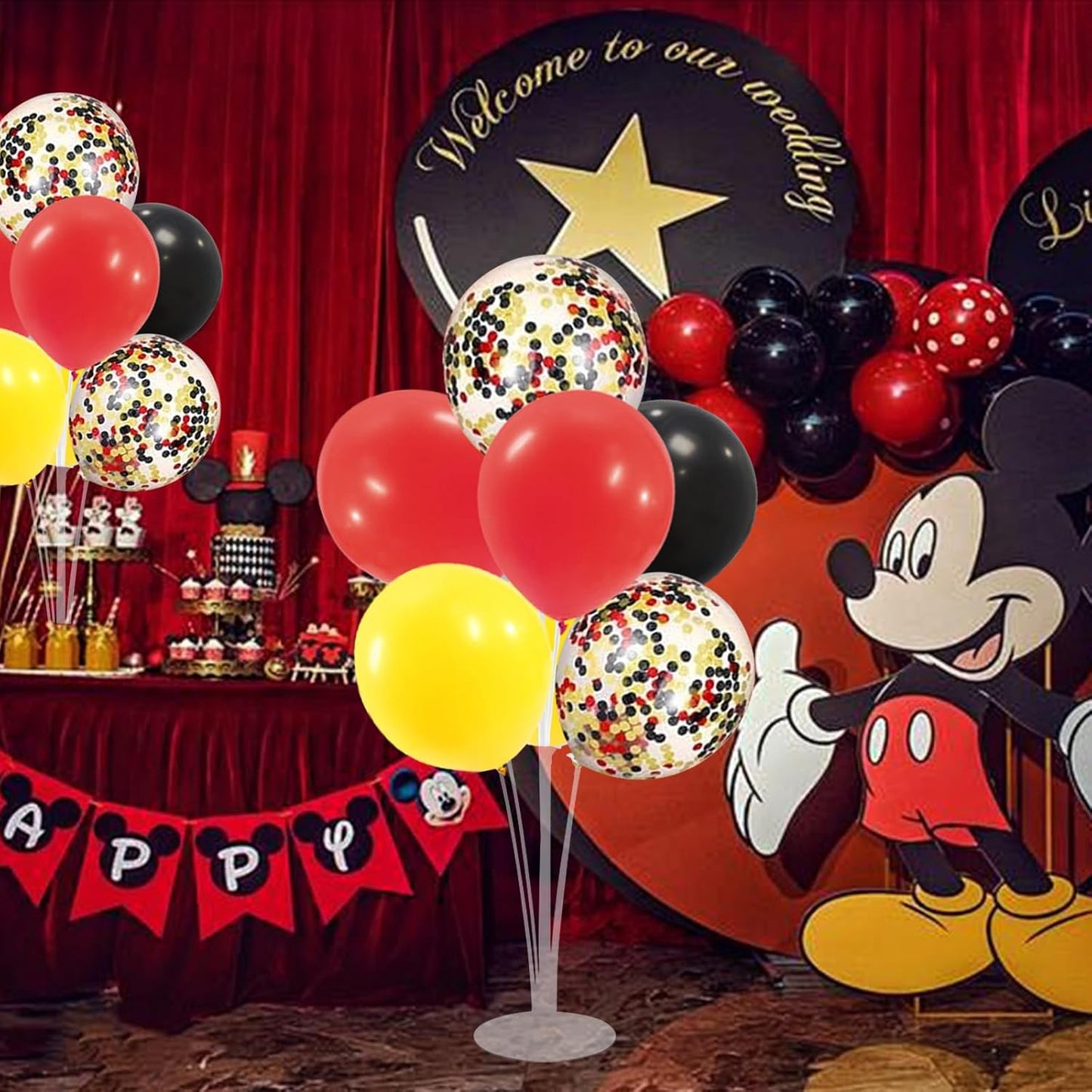 Red Yellow and Black Balloon Stand Centerpiece Table Decorations for Mouse Birthday Movie Night Party Decorations(Red yellow black set4)
