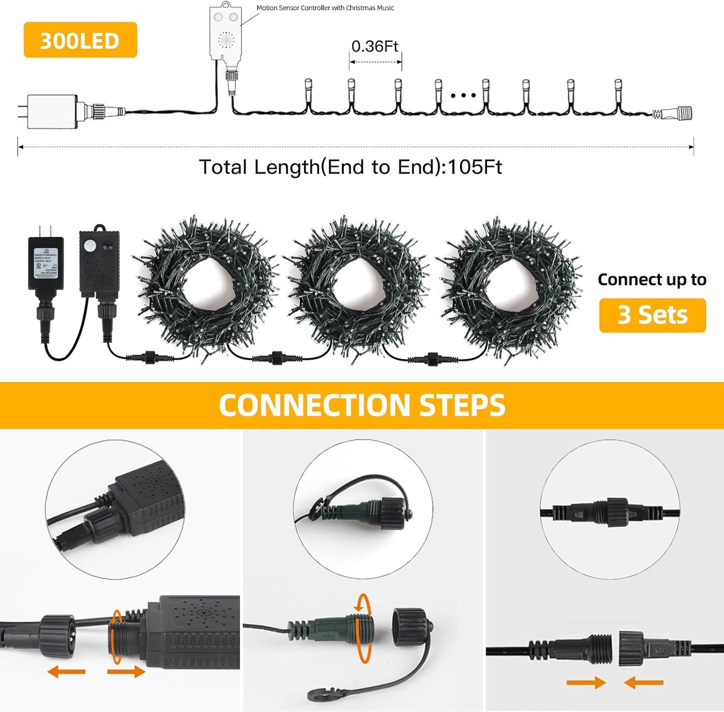 Music Motion Sensor Christmas String Lights 105ft 300 LED, Warm White Christmas Tree Light，End to End Plug In 6 Modes Christmas Lights, Waterproof for Indoor Outdoor Tree Party Yard Room Decor