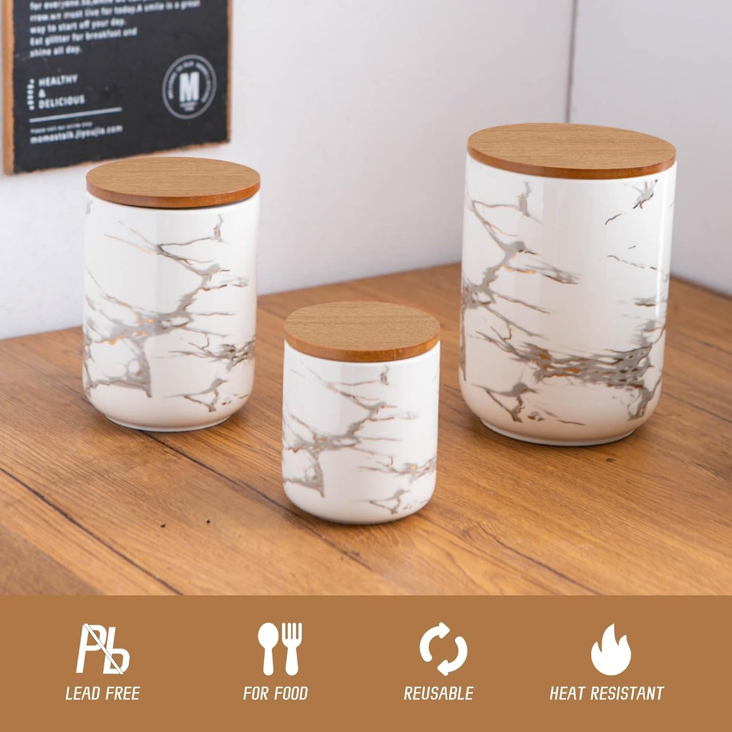 White Ceramic Canister Set with Wooden Lid, 3-Piece Food Storage Jars for Kitchen Counter, Storage Container for Sugar, Coffee, Tea, Spice