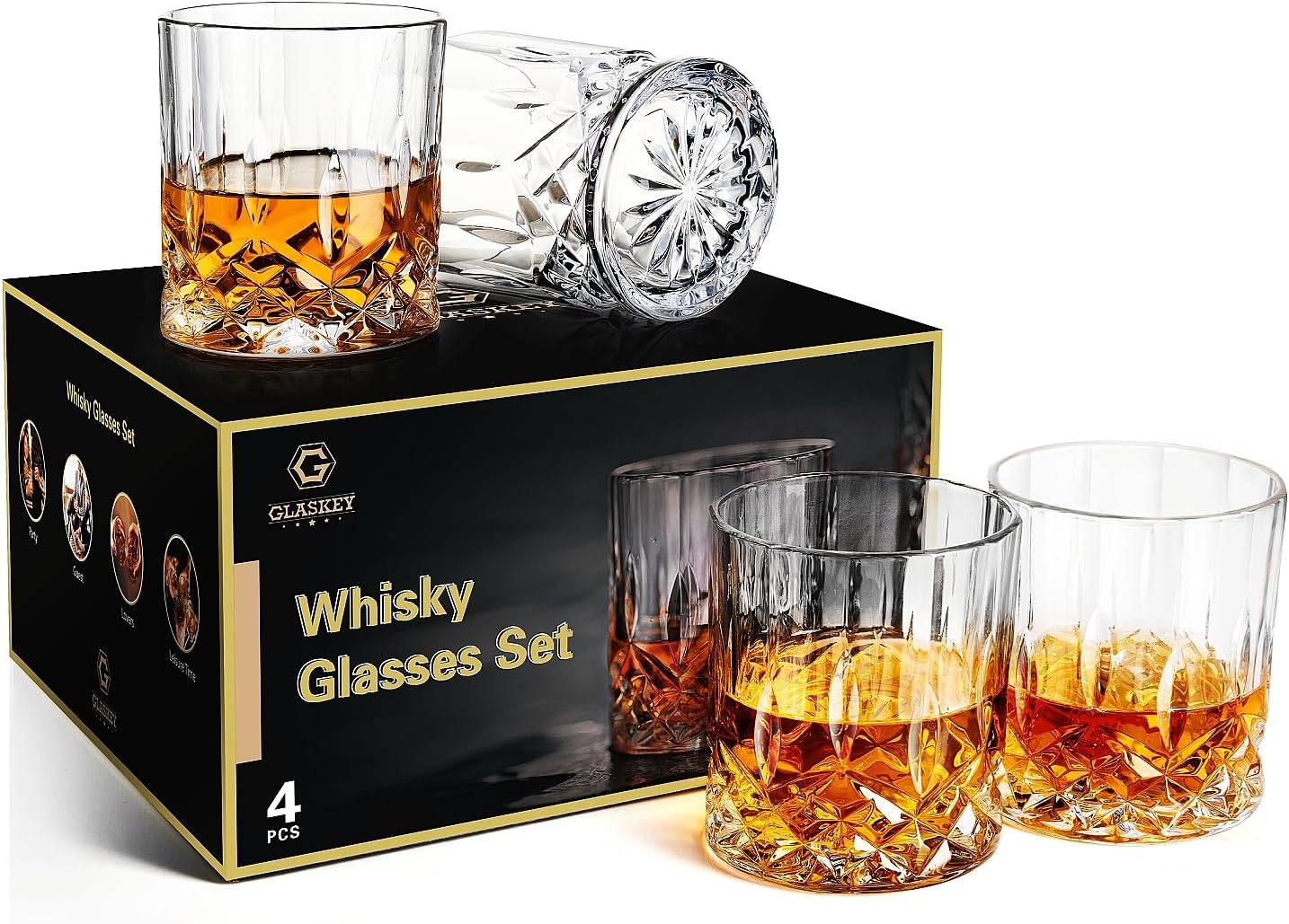 Whiskey Glasses Set of 4,Rock Glasses,11 oz Lead-Free Crystal Bourbon Glass,Old Fashioned Glass for Bourbon,Cognac,Irish Whisky,Personalised Whisky Glass Gift Set for Men,Dad,Brother