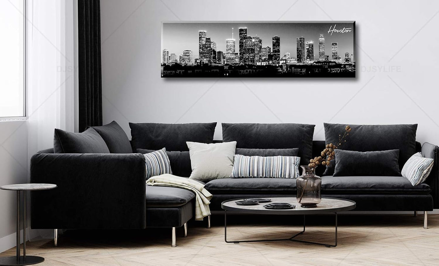 DJSYLIFE Houston Skyline Canvas Wall Art Decor Black & White City Pictures Painting Texas Cityscape Photo Print Artwork for Office Bedroom Living Room Walls Decoration Ready to Hang 13.8"x47.3"