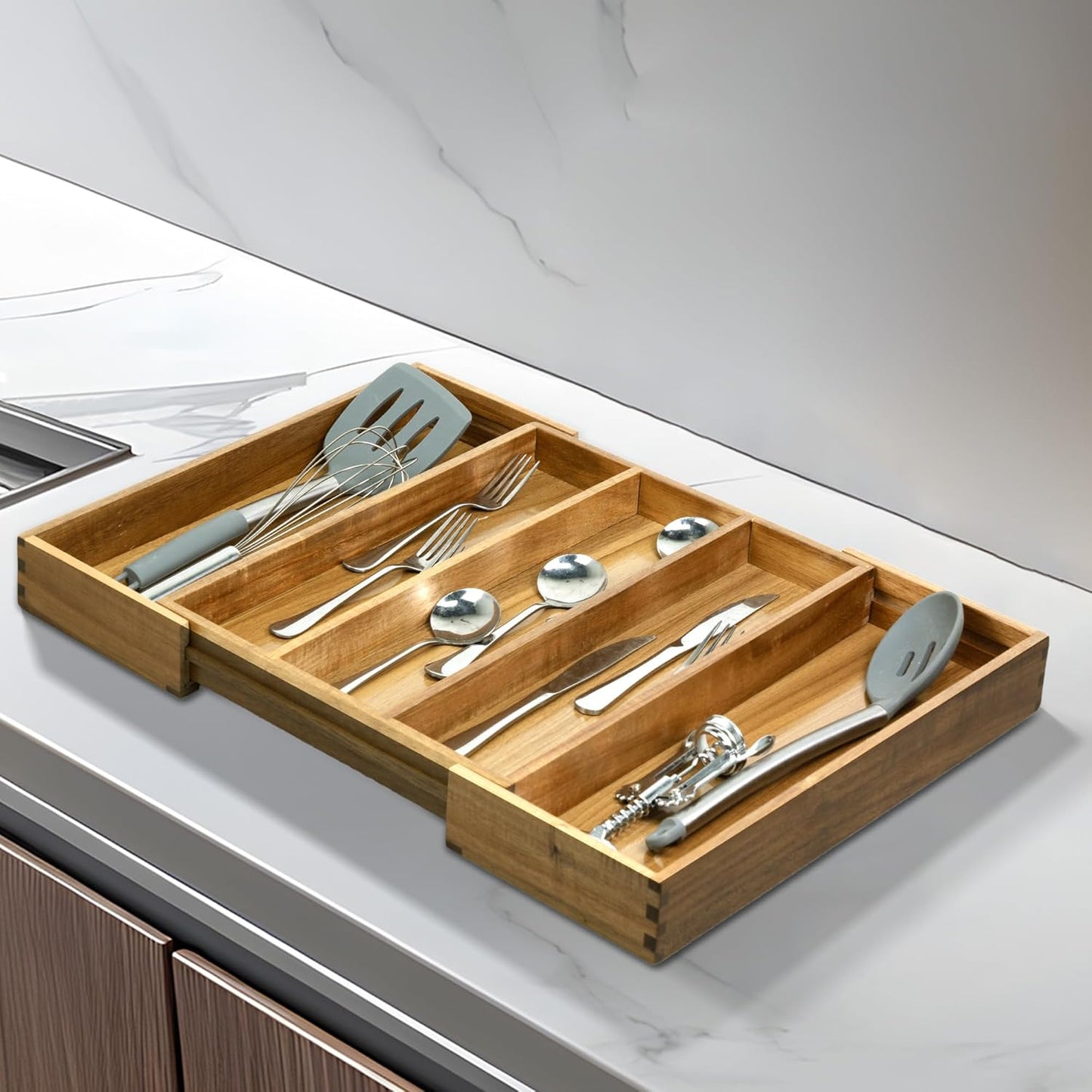 VaeFae Acacia Kitchen Silverware Organizer, Cutlery Drawer Organizer with 5 Compartments, Wooden Utensil Holder for Flatware and Cooking Tools