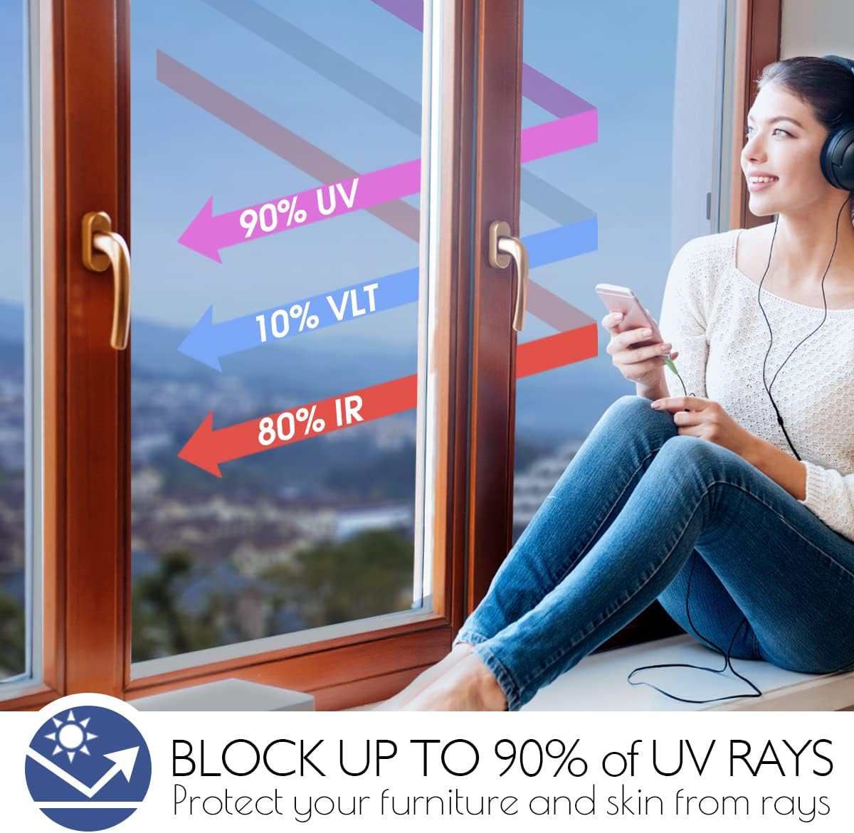 HIDBEA Window Film Daytime Privacy, Heat Control Sun Blocking Anti UV One Way Mirror Window Tint for Home, Non-Adhesive Self Static Cling Window Stickers (Blue-Silver, 35.4 Inch × 6.5 Feet)