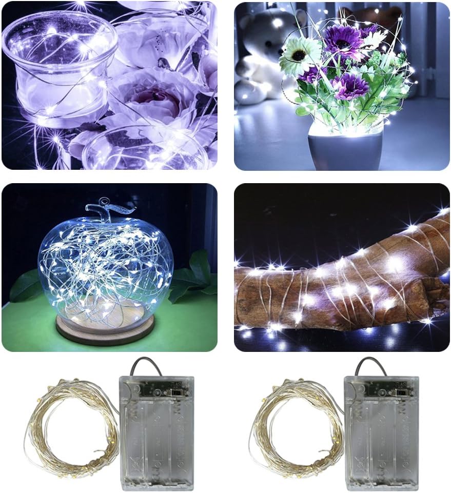 2 x 50LEDs Fairy Lights Battery Operated, Silver Wire 2 Mode 16.4Ft Chains String Lights for Bedroom Christmas Party Decoration (Cool White, 16.4)
