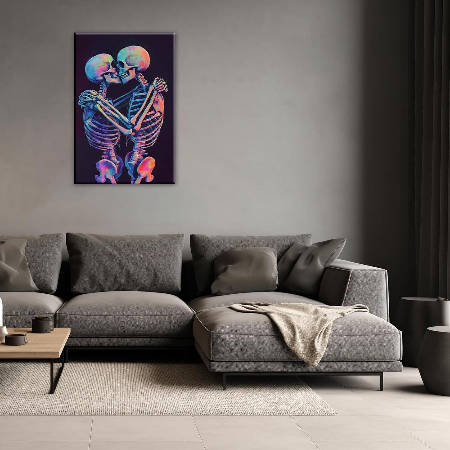 Skeleton Wall Art Kissing Skull Art Poster Skeleton Lover Picture Print On Canvas Abstract Horrible Theme Painting Framed Artwork Living Room Decor(Artwork-3,28"x42")