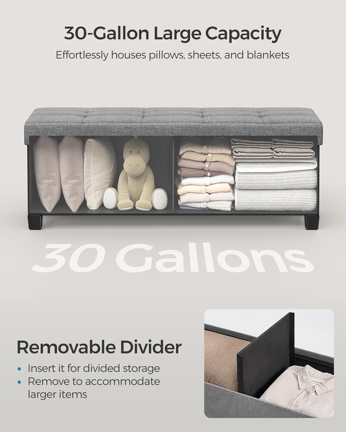 SONGMICS Storage Ottoman Bench, Foldable Foot Rest with Legs, 15 x 43 x 15.7 Inches, End of Bed Bench, Storage Chest, Load up to 660 lb, for Living Room, Bedroom, Entryway, Dove Gray ULSF018G02