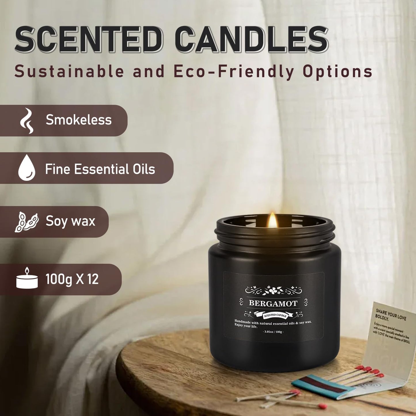 Scented Candle Set 12 Pack,Black, Candle for Home Scented, Odor Eliminating, Stress Relief, Long Lasting Soy Wax Gift Set