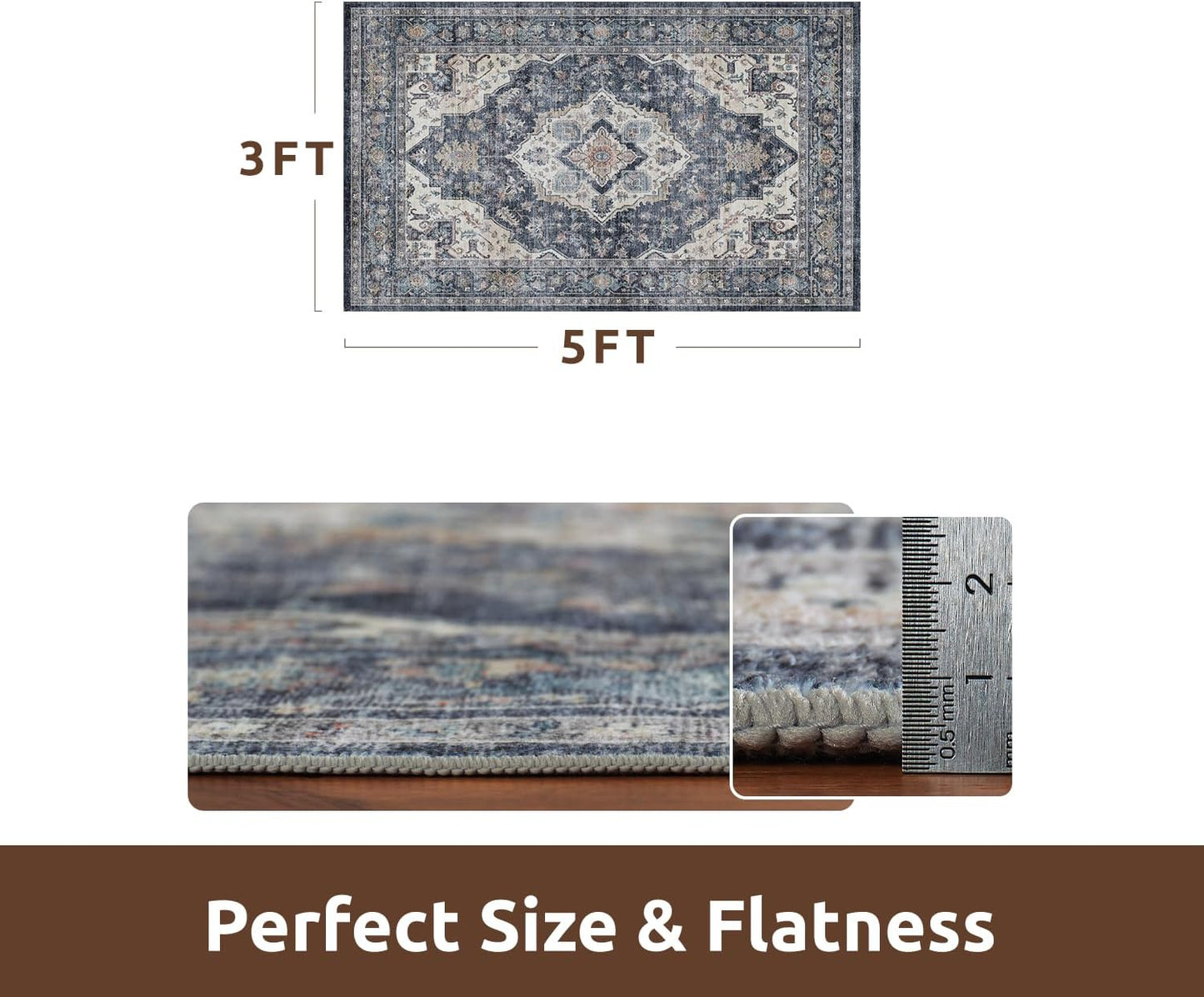 AMOAMI-3X5 Area Rug-Soft Washable Vintage Throw Accent Rugs for Living Room, Entryway, Bedroom, Kitchen, Bathroom, Laundry Room, Kitchen, Bathroom, Bedside, No Slip Blue