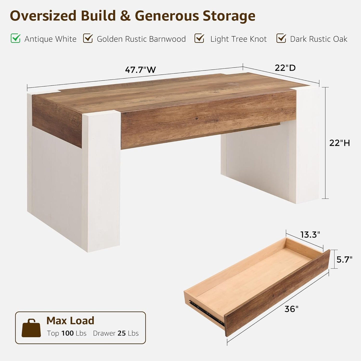 OKD 48" Modern Farmhouse Coffee Table, Wooden Living Room Table with Hidden Storage Drawer, Rustic Rectangular Center Tables with Wood Thick Design for Living Room, Office, Antique White