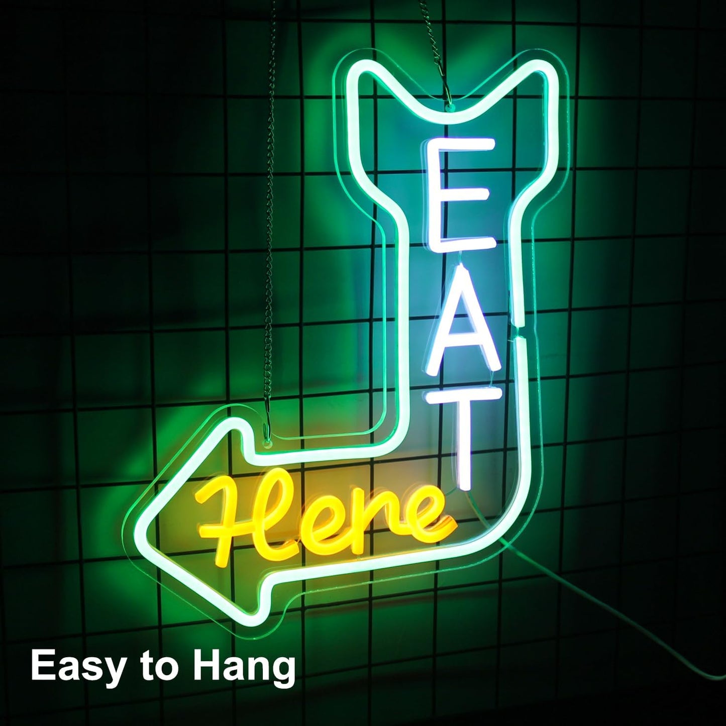 Eat Here Neon Sign Kitchen Neon Signs for Wall Decor with Arrow Guidance Green Orange White Eat Dimmable LED Sign Diner Neon Signs for Wall Bar Restaurant Kitchen Man Cave Decor