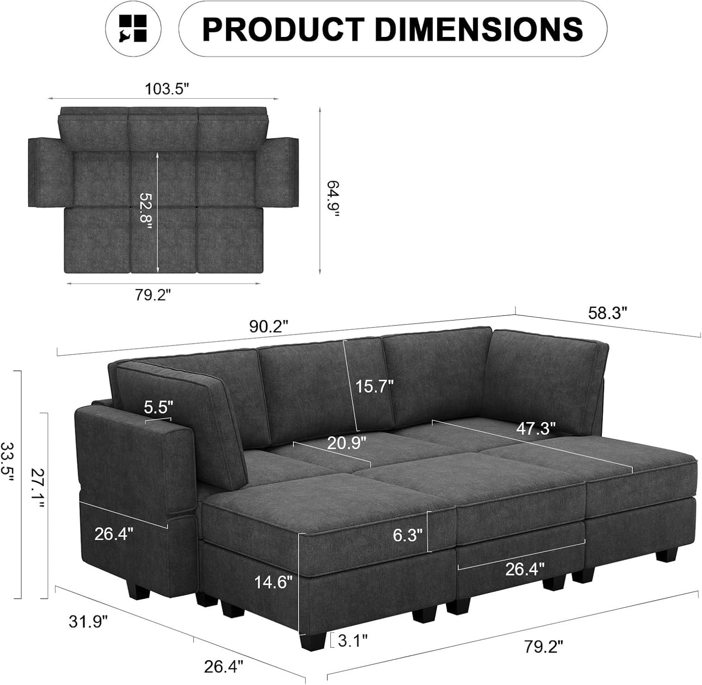 Belffin Terry Fabric Modular Sectional Sleeper Sofa Bed with Storage Convertible Sectional Couches for Living Room 6 Seaters Black Modular Sofa