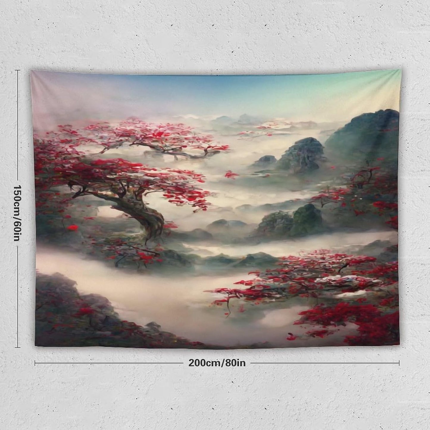Japanese Tapestry, Red Plum Cherry Blossom Mountain, Nature Landscape, Bedroom & Living Room Decor, 80"x60"